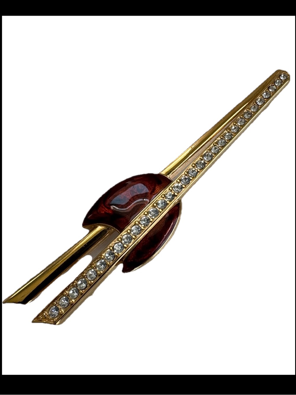 Monet Vintage Art Deco modernist Gold tone brown Enamel Rhinestone Brooch Pin